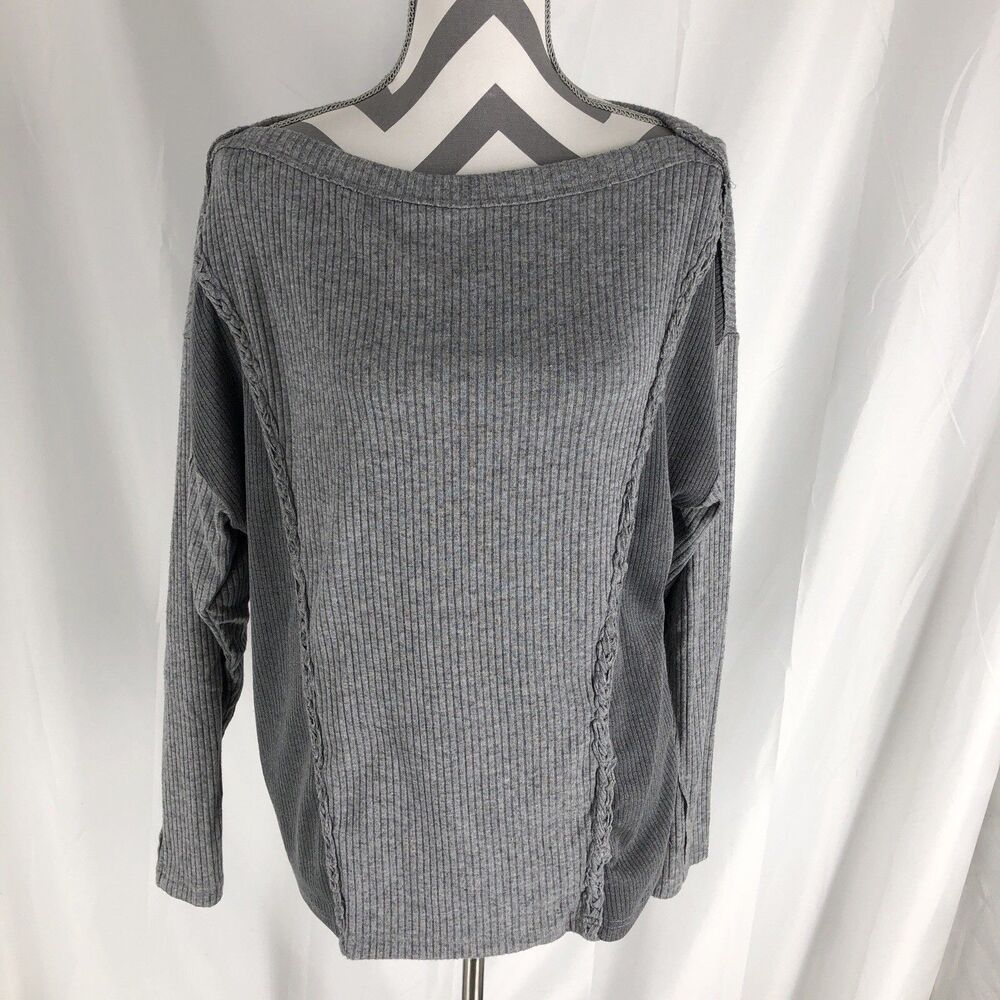 BKE Shirt Womens Large Gray Slub Rib Knit Round Neck Long Sleeve Lightweight Top